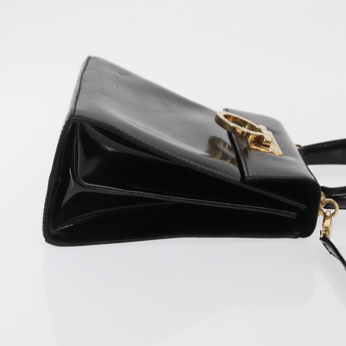 Salvatore Ferragamo Gancini Hand Bag Patent leather 2way Black Gold Auth ka1994