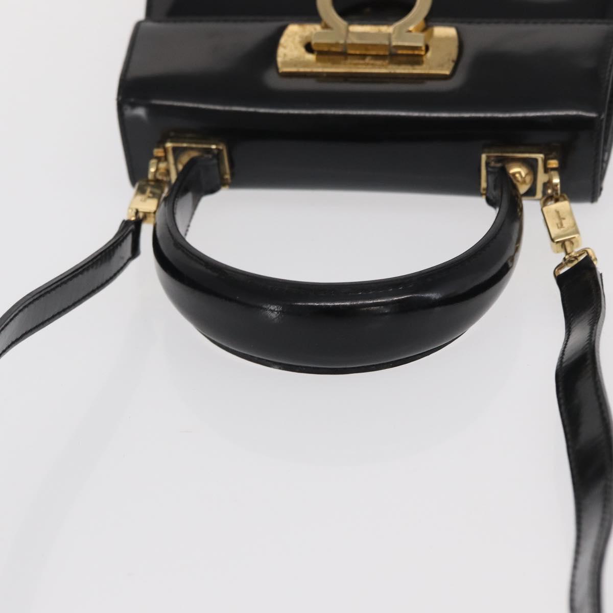 Salvatore Ferragamo Gancini Hand Bag Patent leather 2way Black Gold Auth ka1994