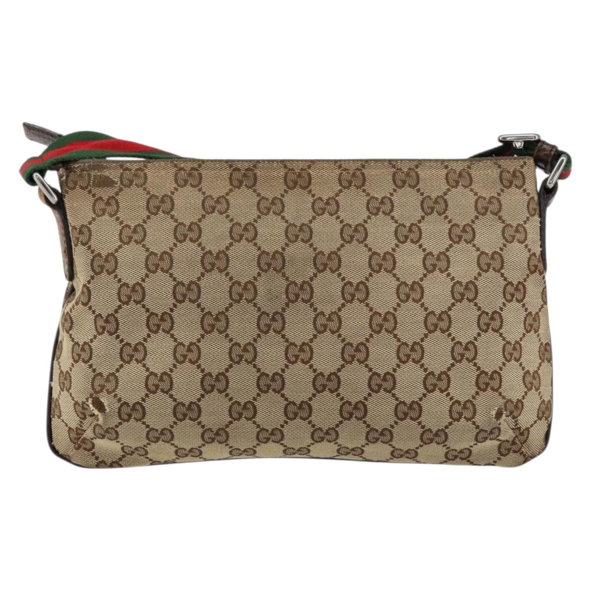 GUCCI GG Canvas Sherry Line Shoulder Bag Beige Silver 189749 Auth ka202
