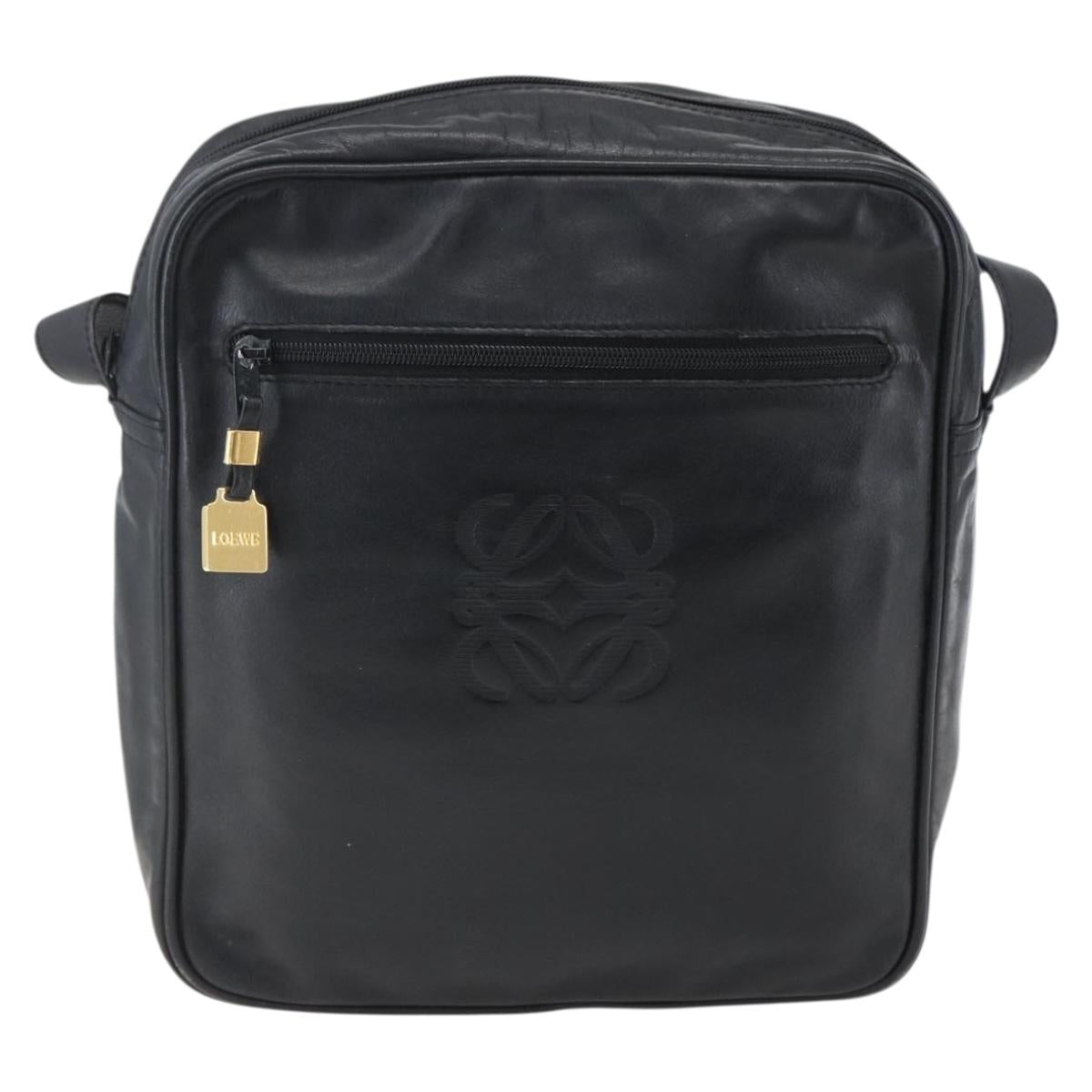 LOEWE Anagram Shoulder Bag Leather Black Gold Auth ka2028