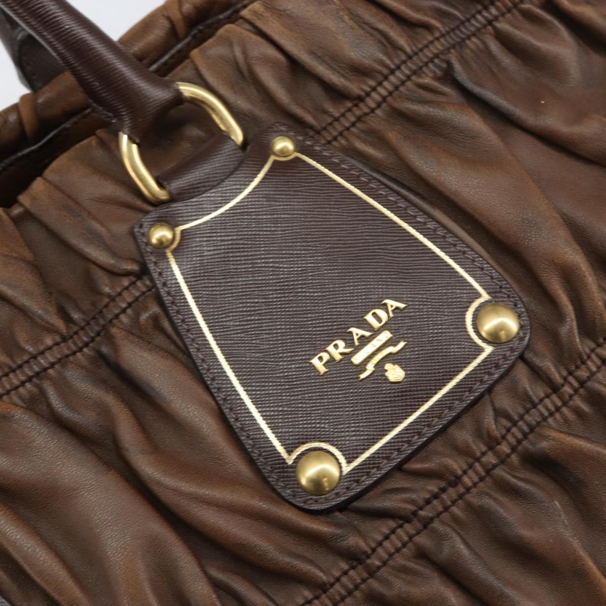 PRADA Hand Bag Leather Dark Brown Gold Auth ka208