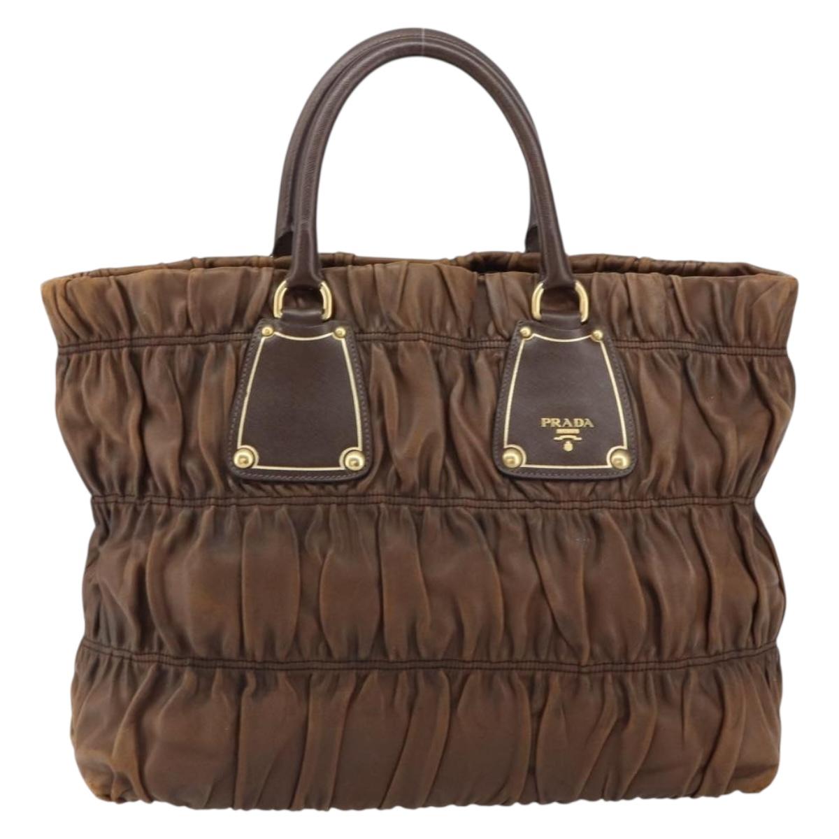 PRADA Hand Bag Leather Dark Brown Gold Auth ka208