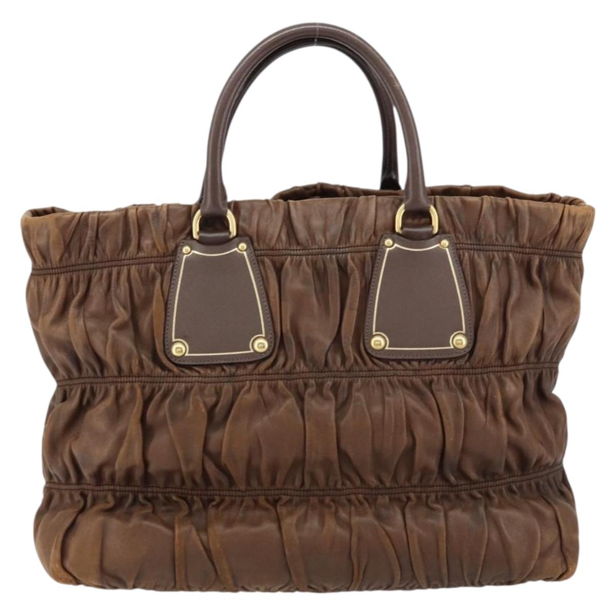 PRADA Hand Bag Leather Dark Brown Gold Auth ka208