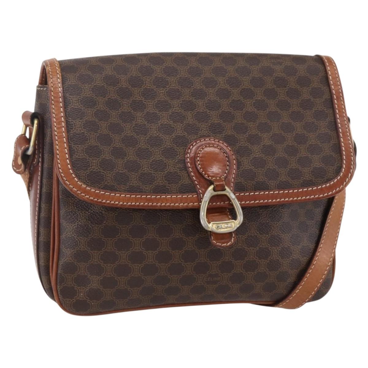 CELINE Macadam Canvas Shoulder Bag PVC Leather Brown Gold Auth ka209