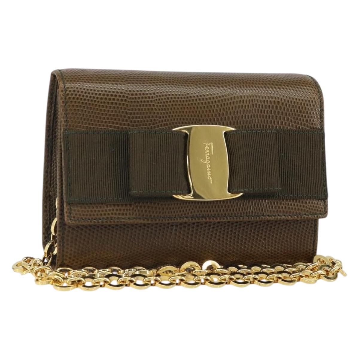 Salvatore Ferragamo Vara Ribbon Chain Bag Leather Brown Gold Auth ka2095