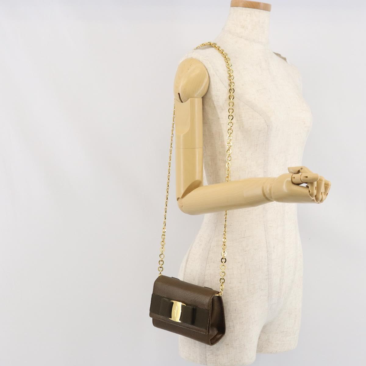 Salvatore Ferragamo Vara Ribbon Chain Bag Leather Brown Gold Auth ka2095