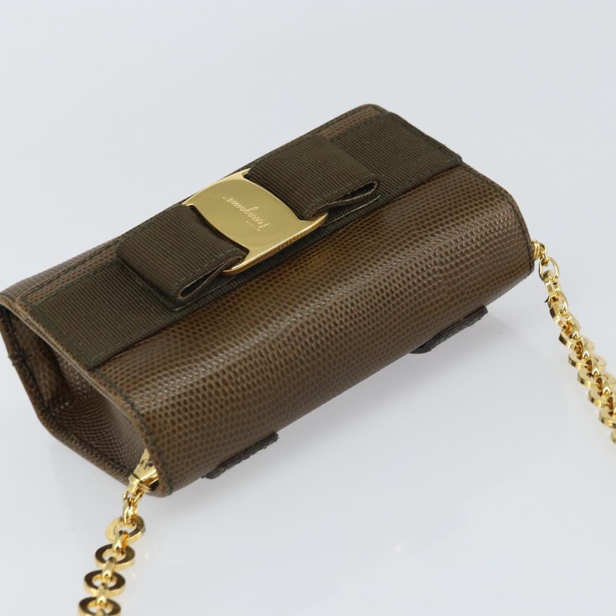 Salvatore Ferragamo Vara Ribbon Chain Bag Leather Brown Gold Auth ka2095