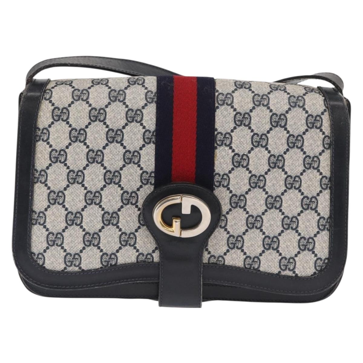 GUCCI GG Supreme Sherry Line Shoulder Bag PVC Navy Gold Auth ka2109