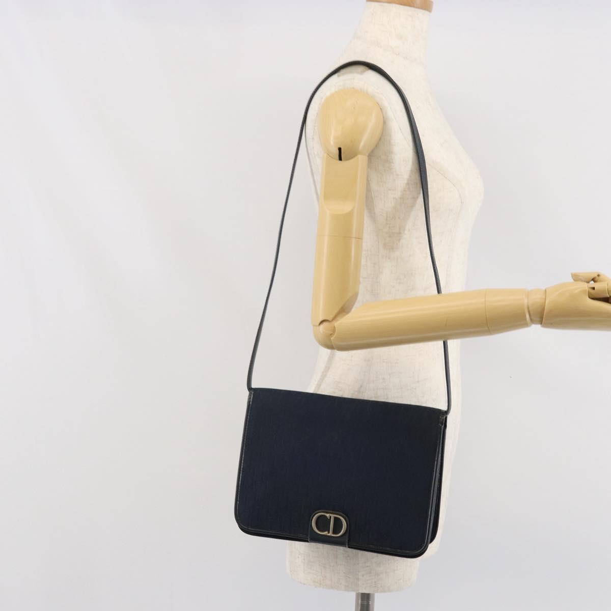 Christian Dior Trotter Canvas Shoulder Bag Navy Gold Auth ka2125