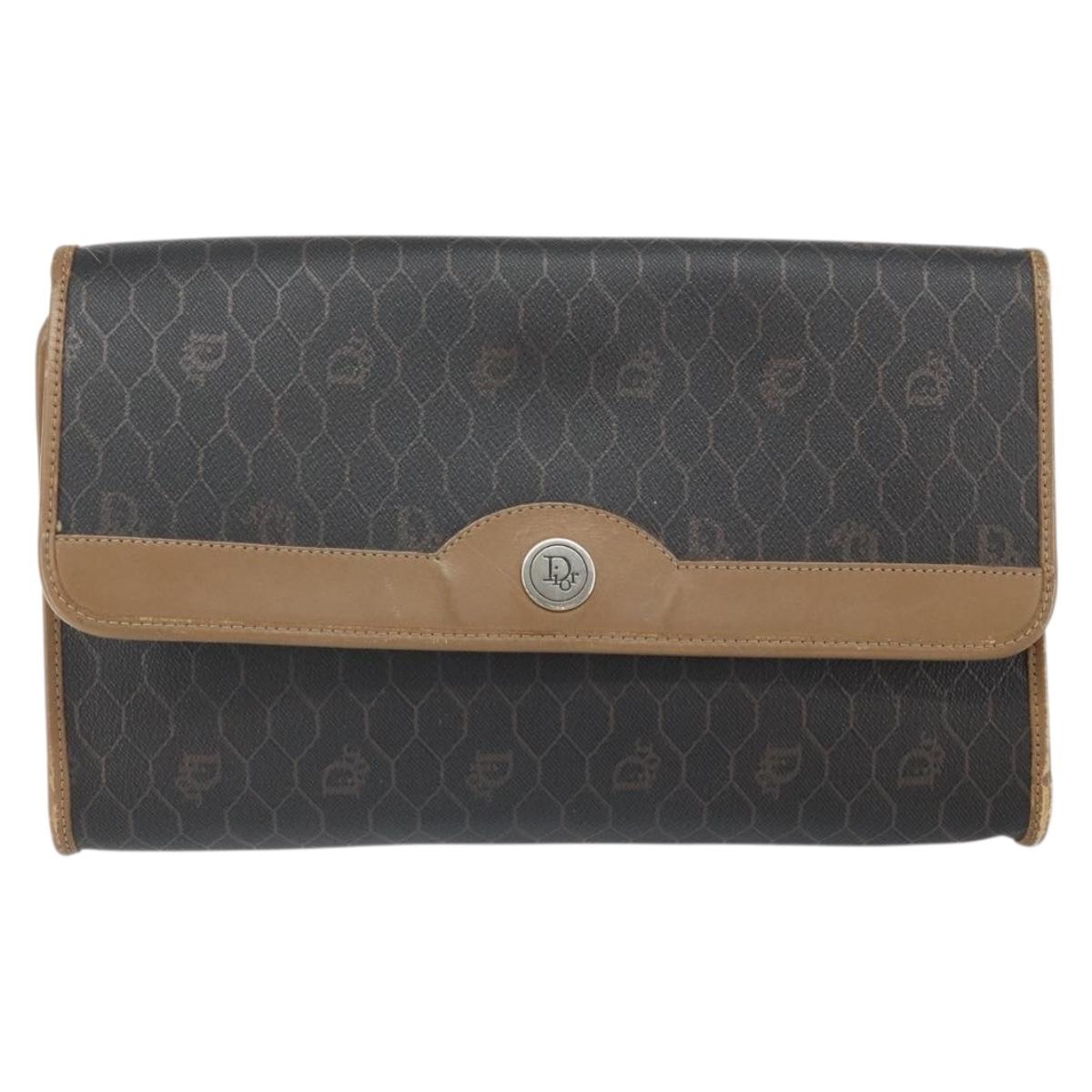 Christian Dior Honeycomb Canvas Chain Shoulder Bag PVC Black Gold Auth ka2127
