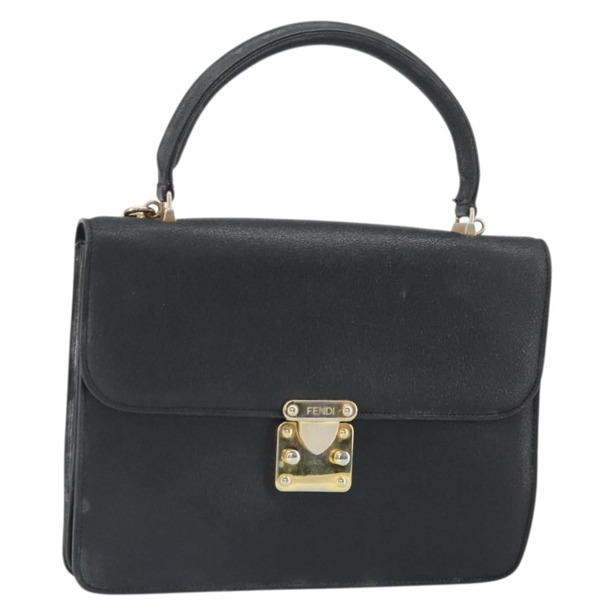 FENDI Hand Bag Leather 2way Black Gold Auth ka2131