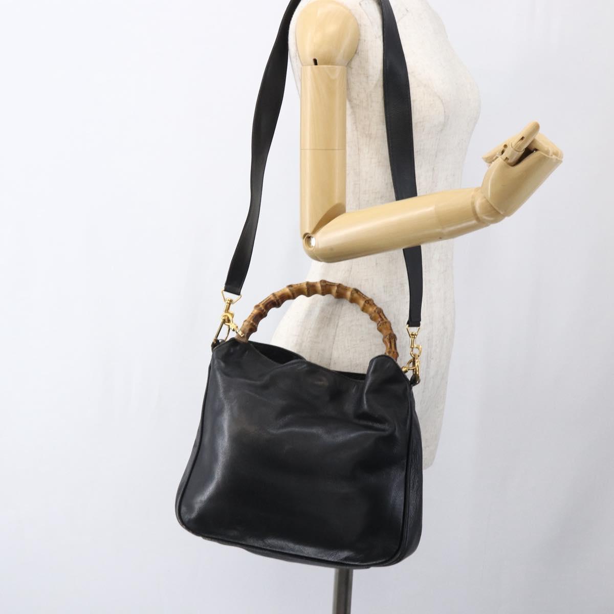 GUCCI Bamboo Shoulder Bag Leather 2way Black Gold 001 2113 1638 Auth ka2177