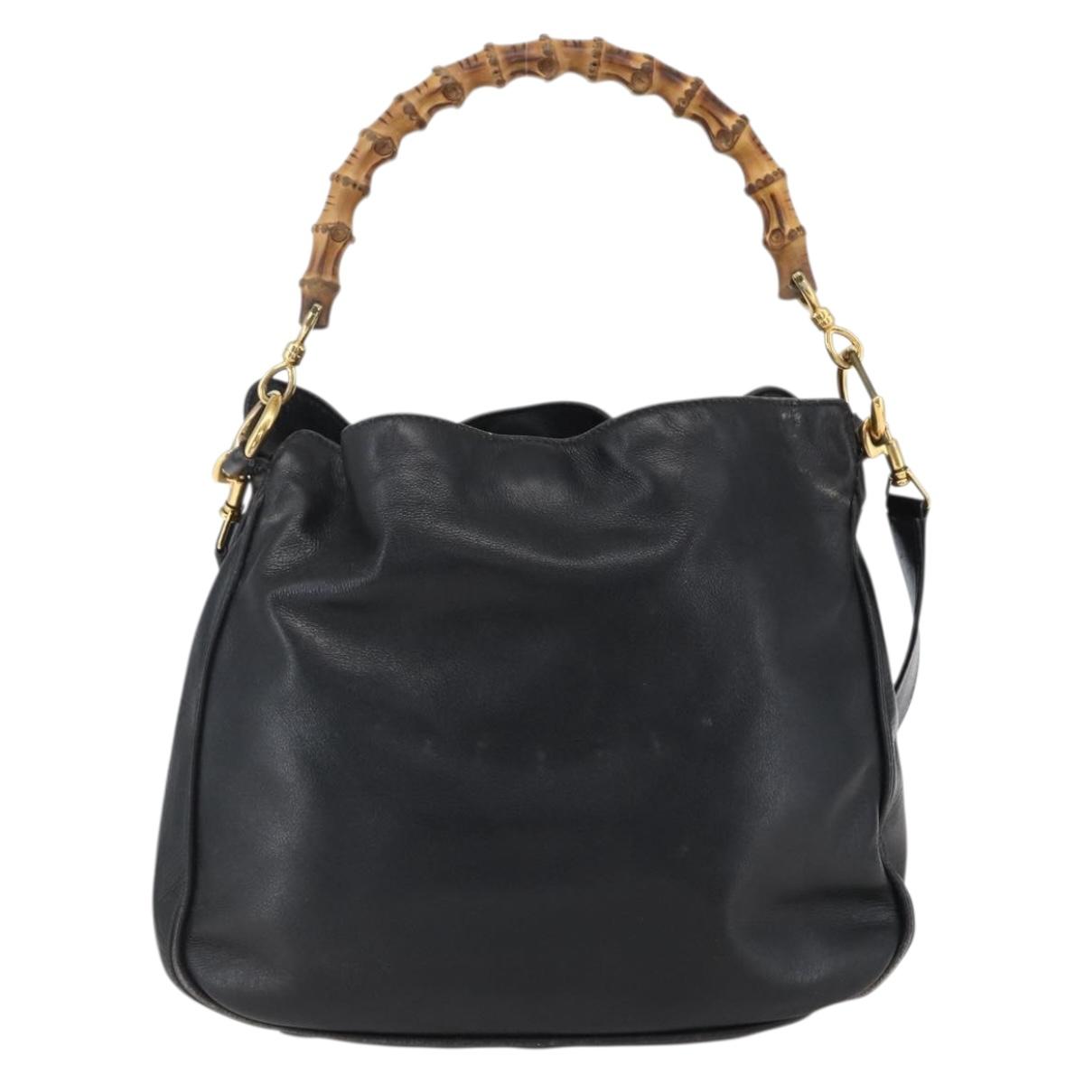 GUCCI Bamboo Shoulder Bag Leather 2way Black Gold 001 2113 1638 Auth ka2177