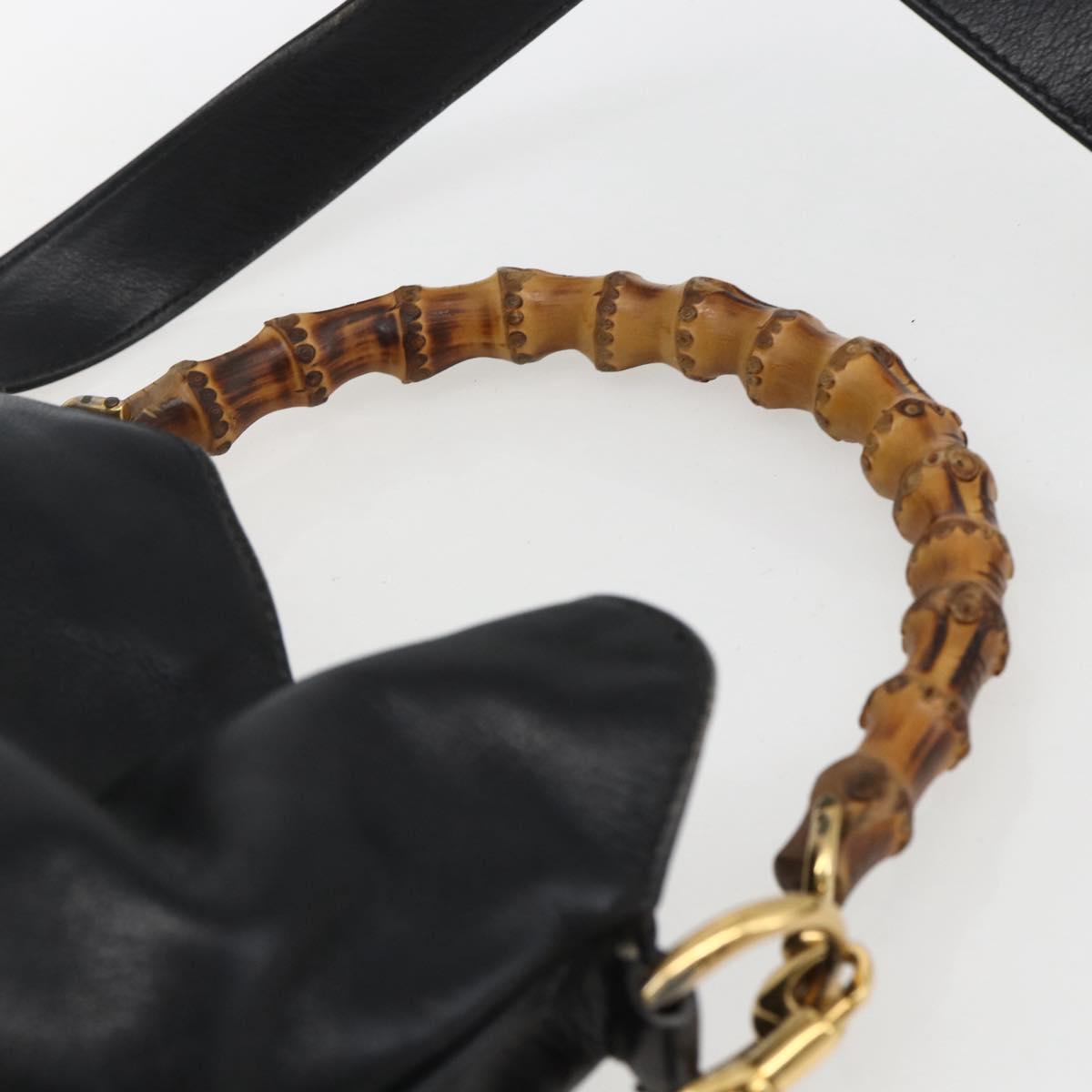 GUCCI Bamboo Shoulder Bag Leather 2way Black Gold 001 2113 1638 Auth ka2177