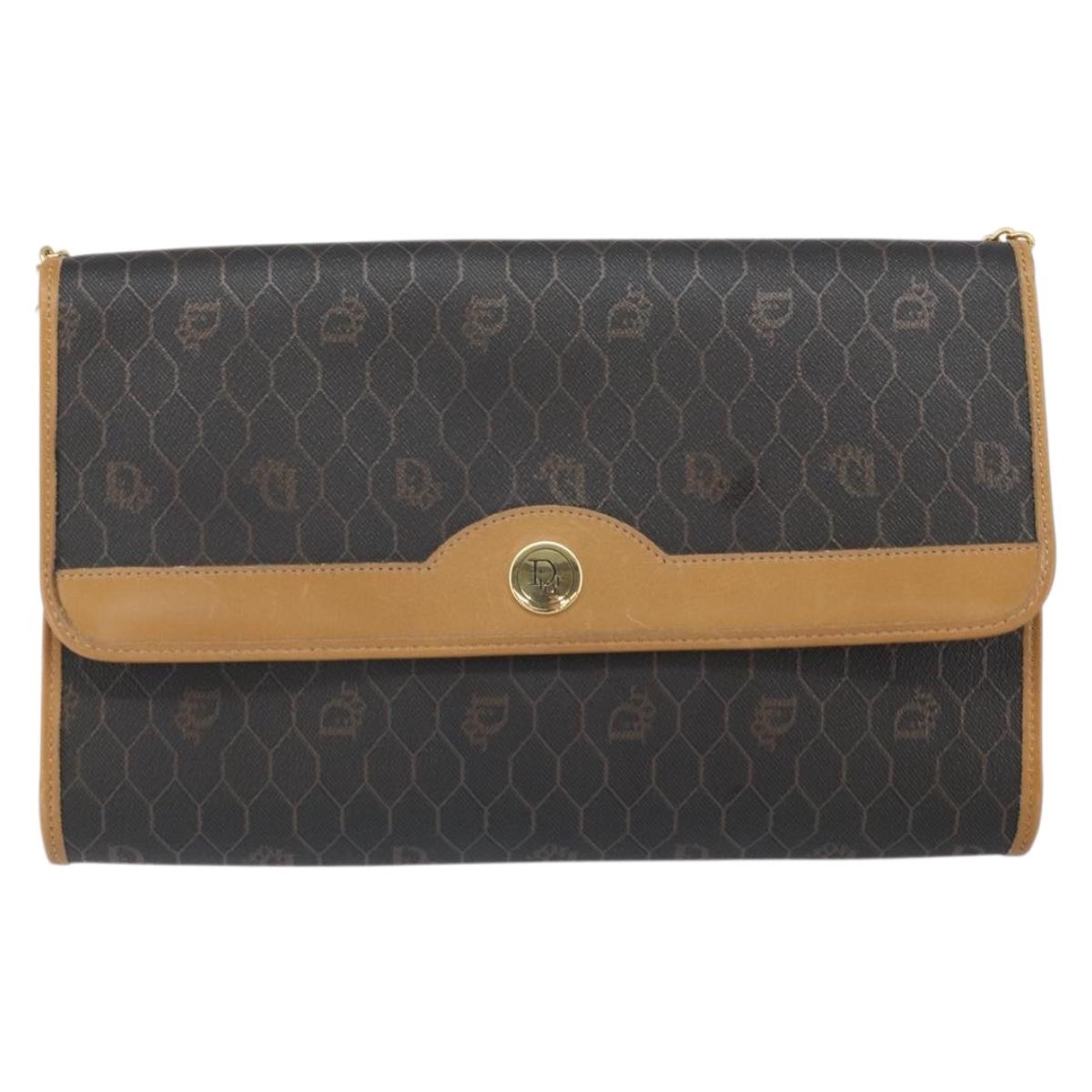 Christian Dior Honeycomb Canvas Chain Shoulder Bag PVC Black Gold Auth ka2188