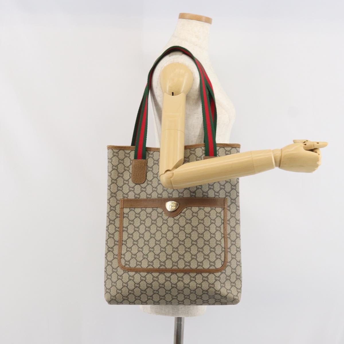GUCCI GG Plus Supreme Web Sherry Line Tote Bag PVC Beige Gold Auth ka2201