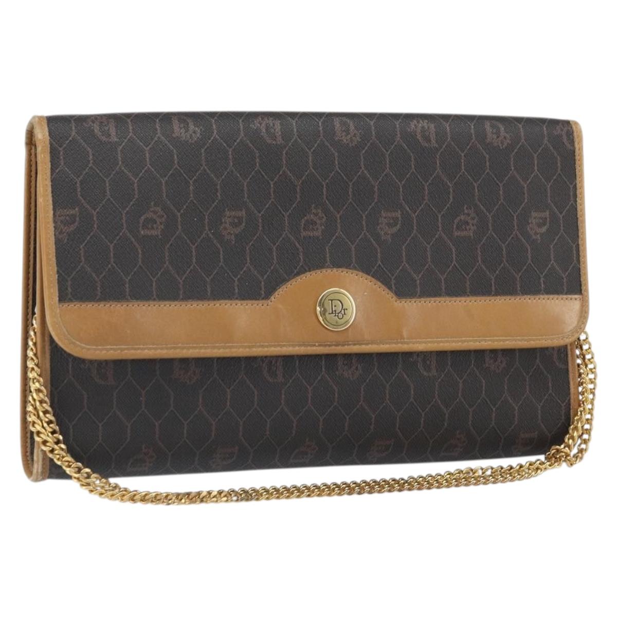Christian Dior Honeycomb Canvas Chain Shoulder Bag PVC Black Gold Auth ka2204