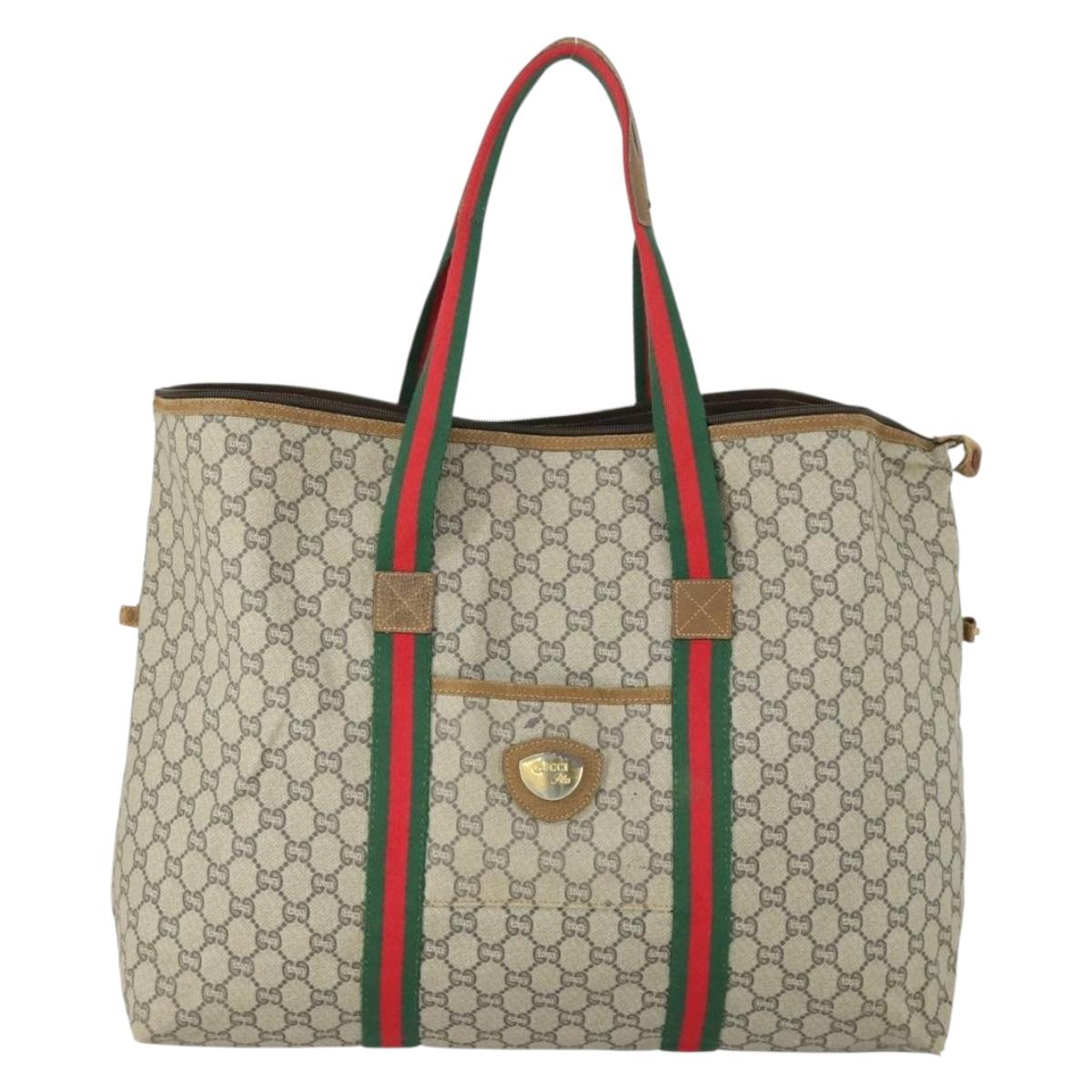 GUCCI GG Plus Supreme Boston Bag PVC Beige Gold Red Auth ka2300
