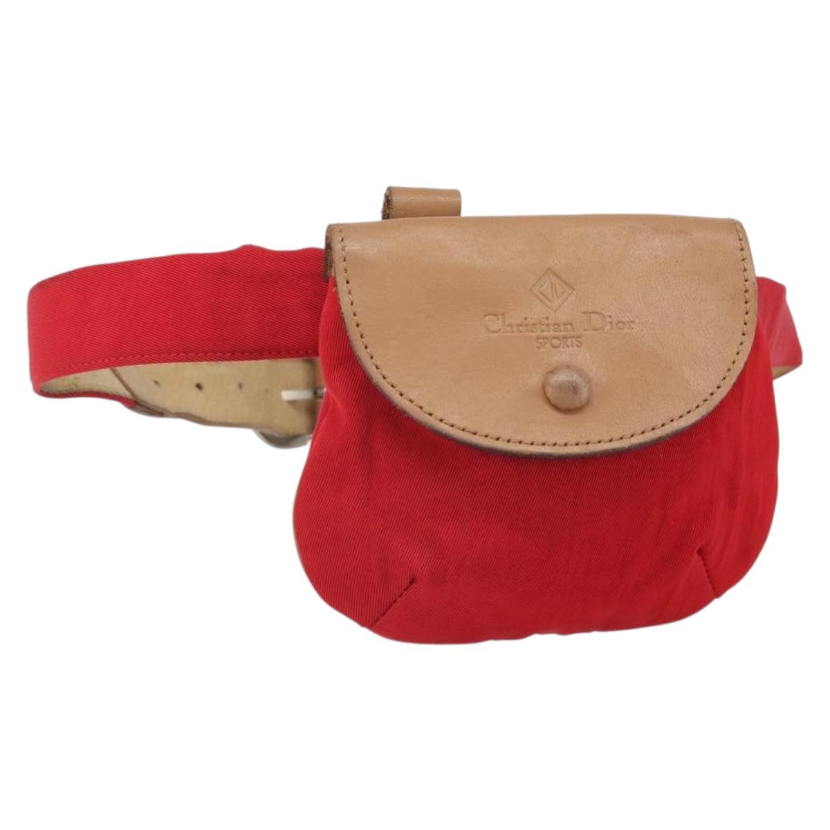 Christian Dior Waist bag Nylon Leather Red Silver Auth ka2312