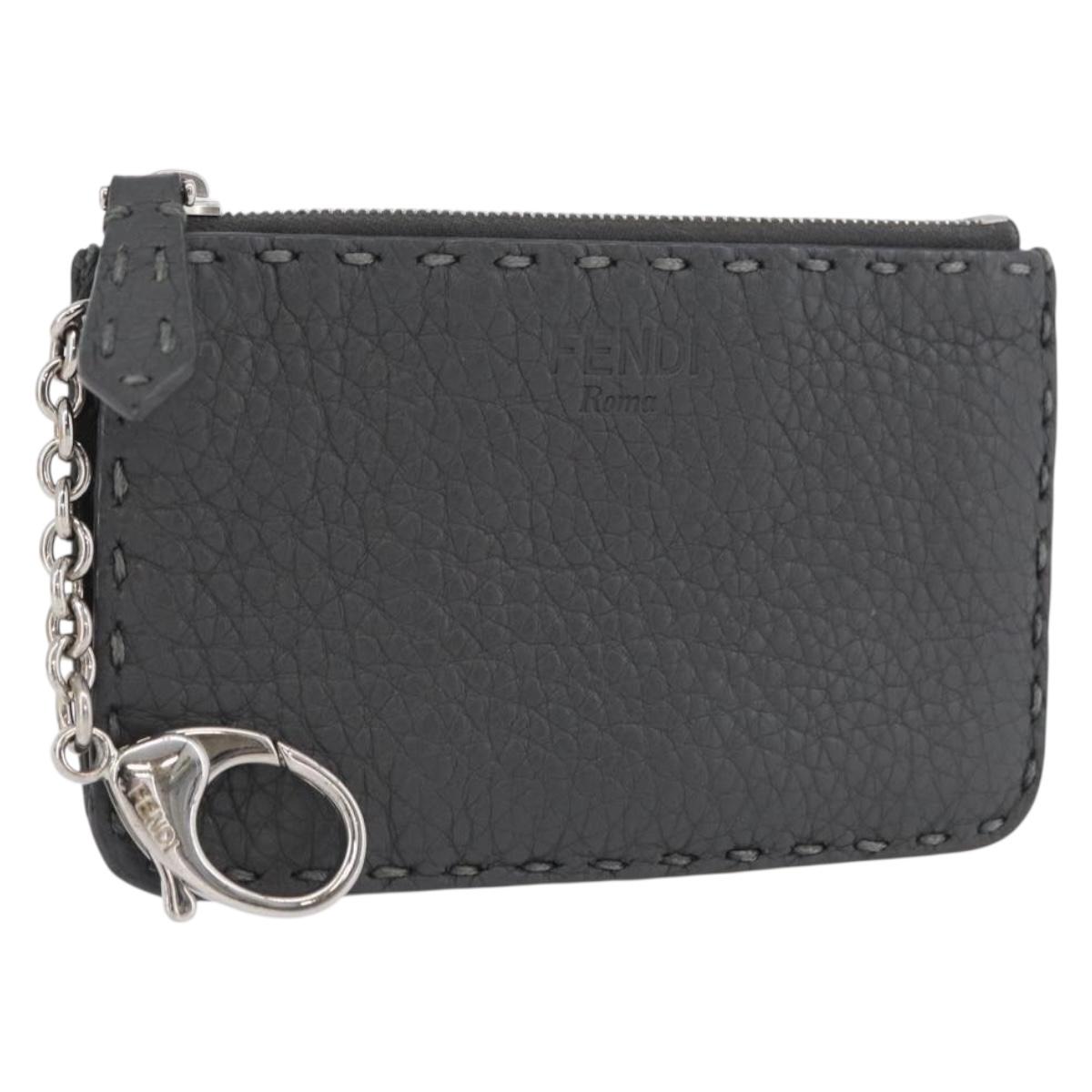 FENDI Coin Purse Leather Gray Silver Auth ka2318V