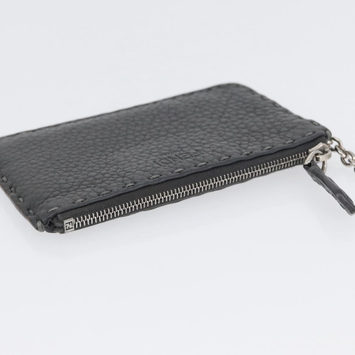 FENDI Coin Purse Leather Gray Silver Auth ka2318V