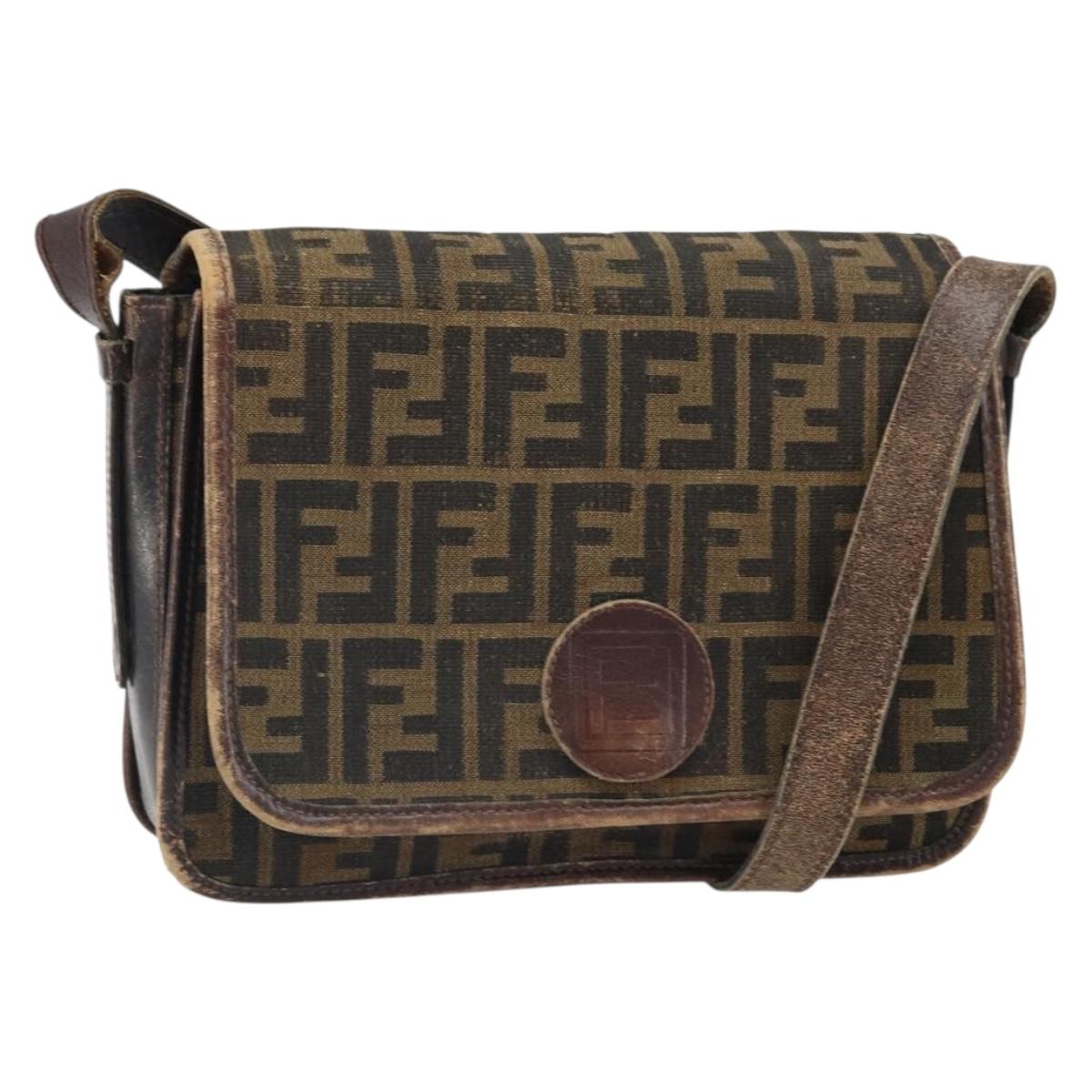 FENDI Zucca Canvas Shoulder Bag Black Brown Auth ka2348