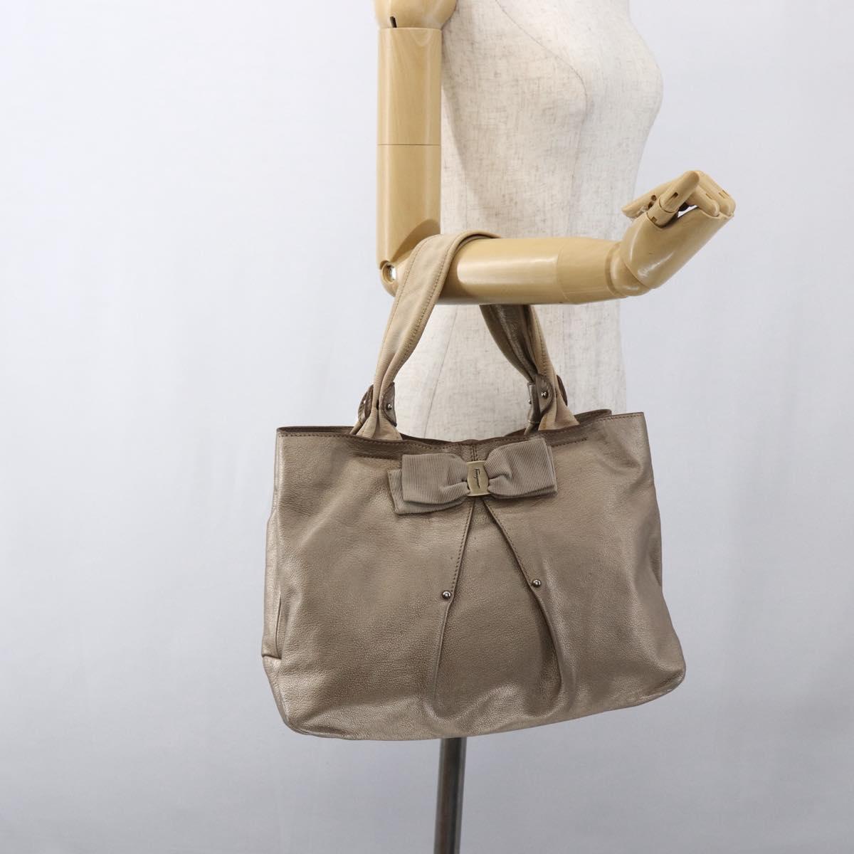 Salvatore Ferragamo Vara Ribbon Hand Bag Leather Gold Auth ka2355