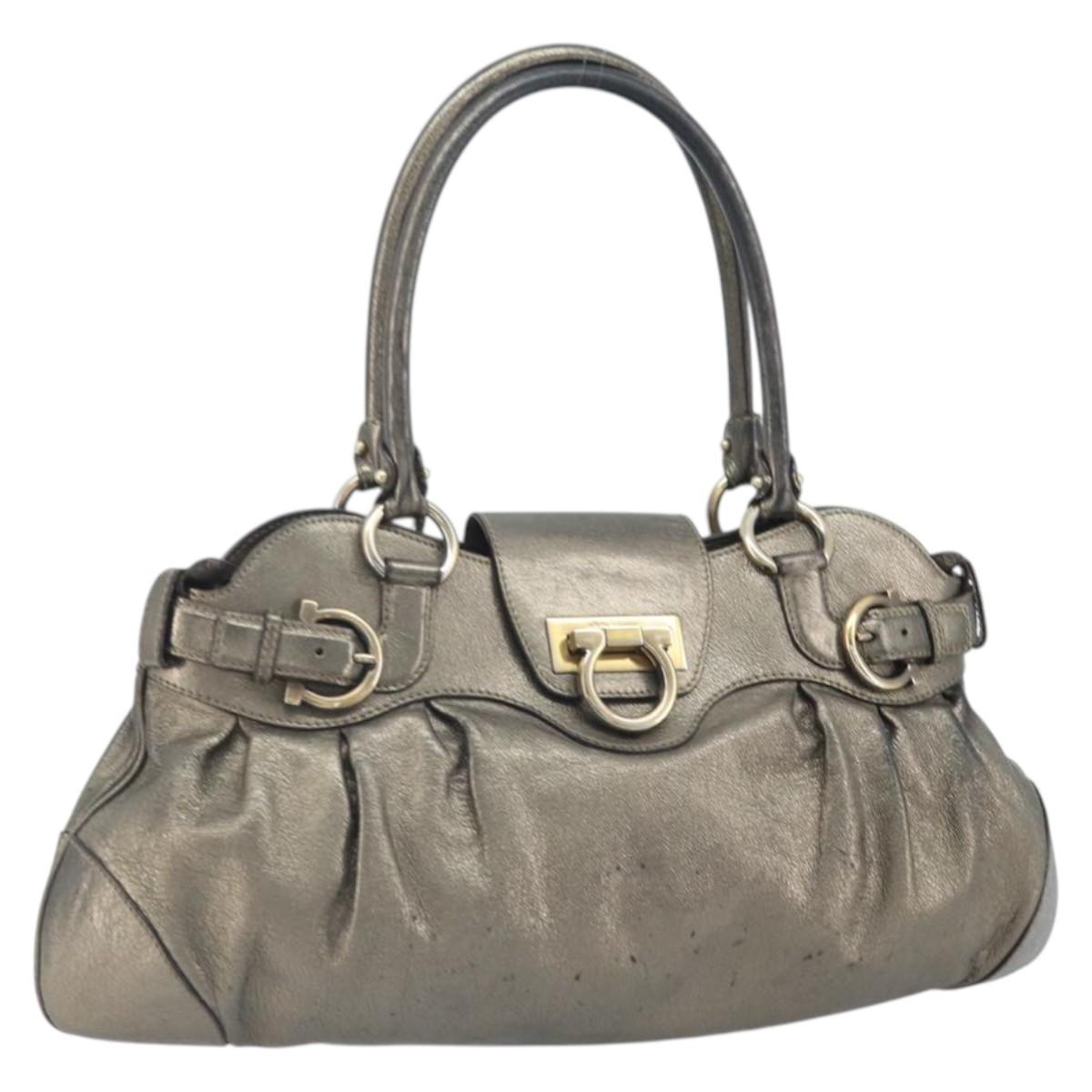 Salvatore Ferragamo Gancini Hand Bag Leather Gold Auth ka2356