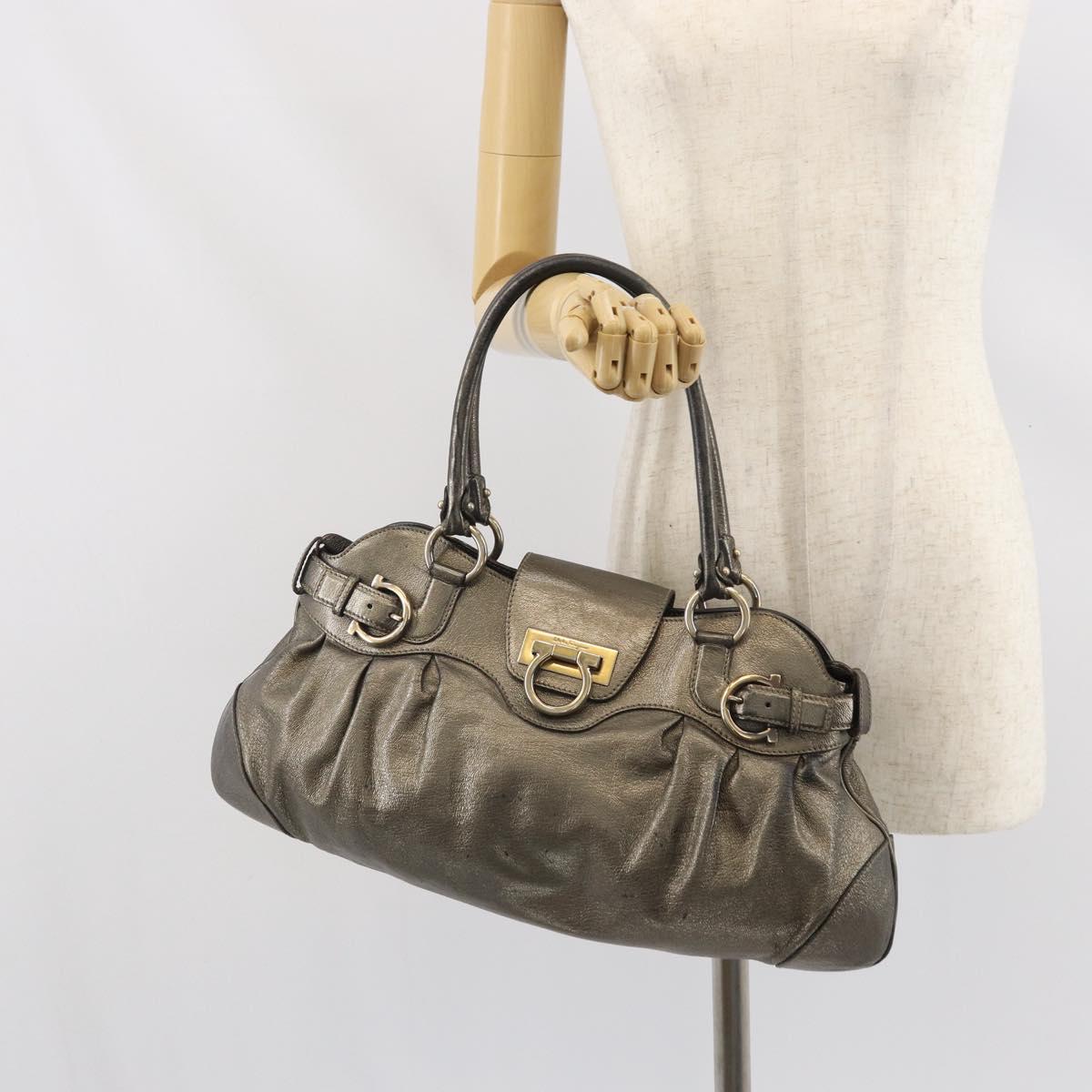 Salvatore Ferragamo Gancini Hand Bag Leather Gold Auth ka2356