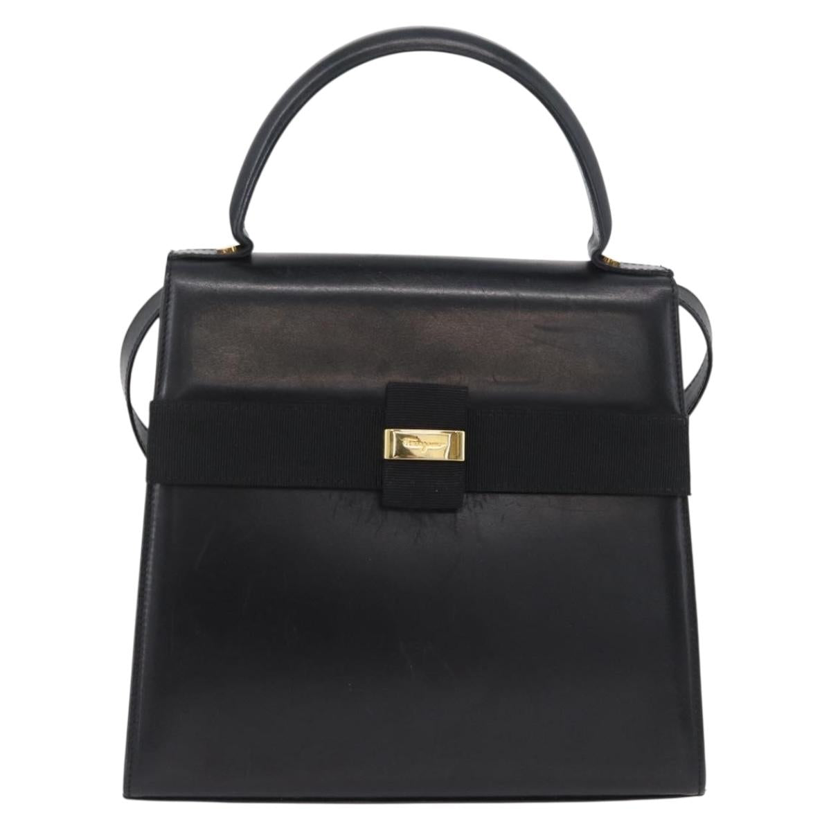 Salvatore Ferragamo Vara Ribbon Hand Bag Leather 2way Black Gold Auth ka2379