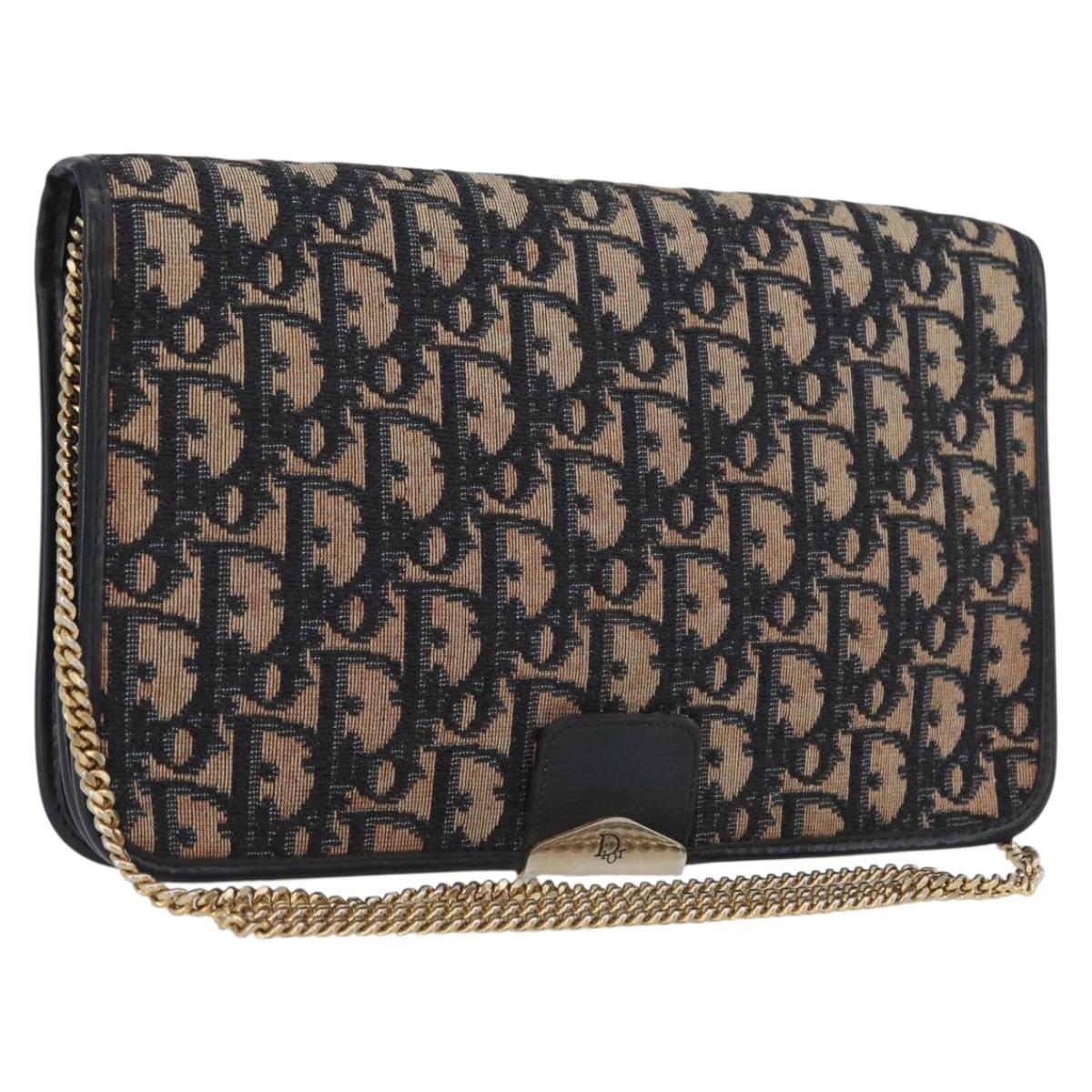 Christian Dior Chain Trotter Canvas Shoulder Bag Navy Gold Auth ka2389