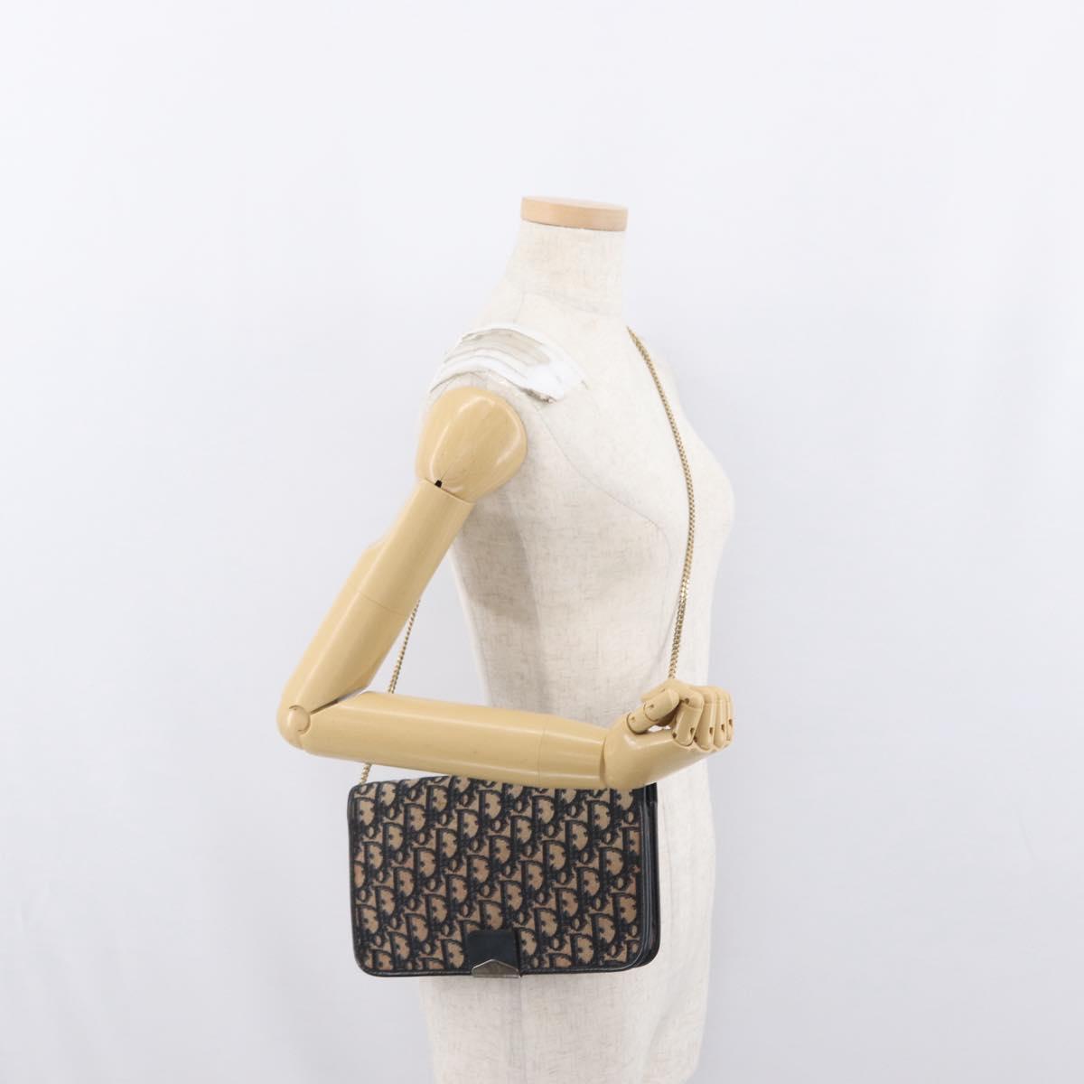 Christian Dior Chain Trotter Canvas Shoulder Bag Navy Gold Auth ka2389