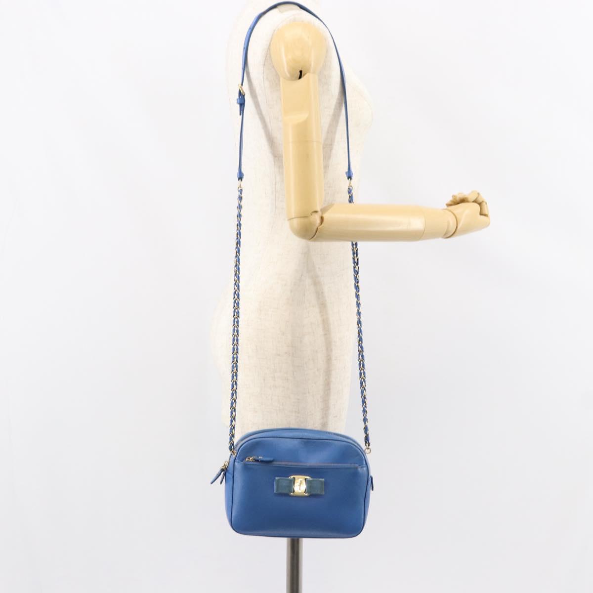 Salvatore Ferragamo Vala Chain Shoulder Bag Leather Blue Gold Auth ka240