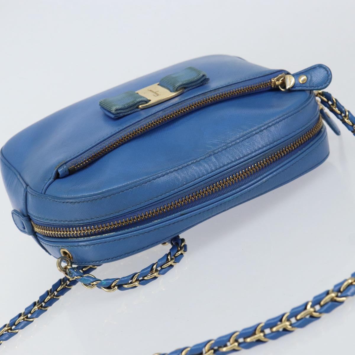 Salvatore Ferragamo Vala Chain Shoulder Bag Leather Blue Gold Auth ka240