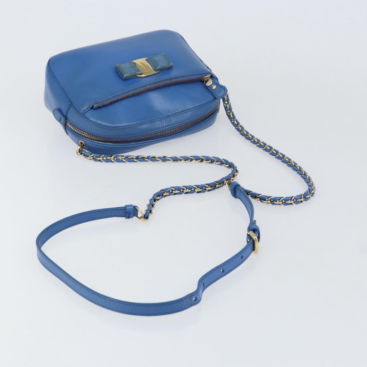 Salvatore Ferragamo Vala Chain Shoulder Bag Leather Blue Gold Auth ka240