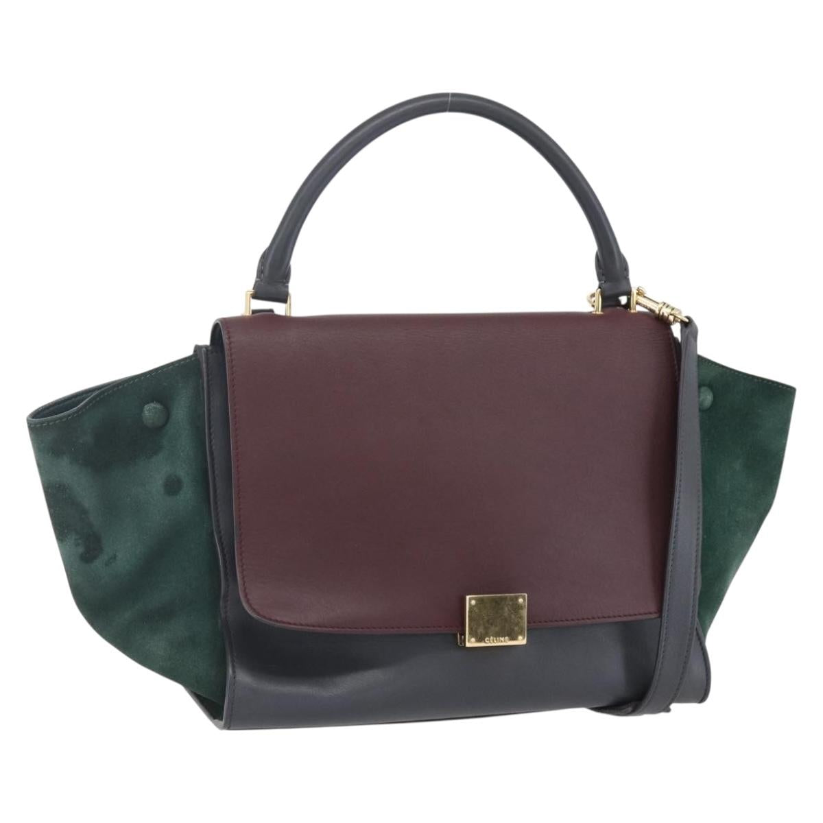 CELINE Trapeze Medium Hand Bag Leather 2way Red Green gold Auth ka241