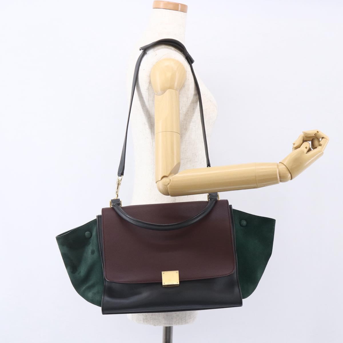CELINE Trapeze Medium Hand Bag Leather 2way Red Green gold Auth ka241