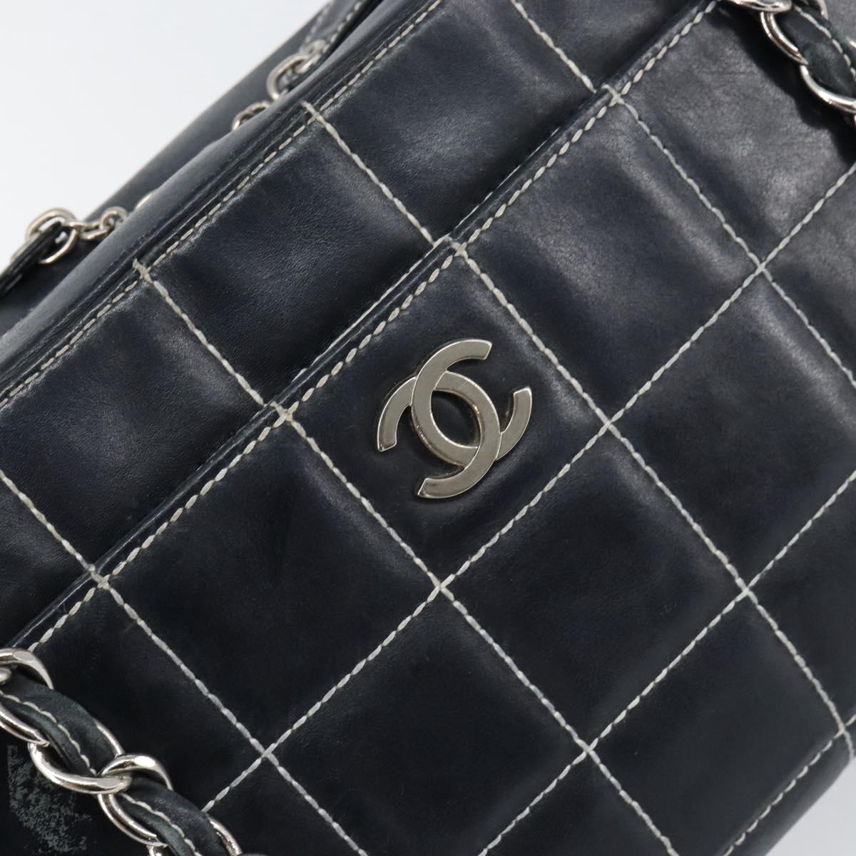 CHANEL Choco Bar Chain Shoulder Bag Leather Navy Silver CC Auth ka245