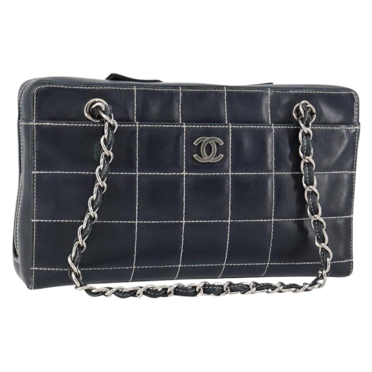 CHANEL Choco Bar Chain Shoulder Bag Leather Navy Silver CC Auth ka245