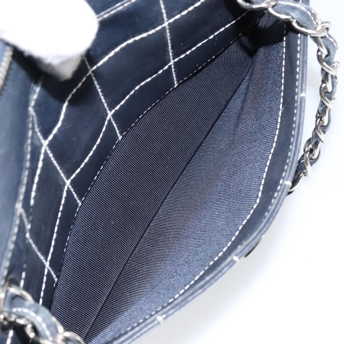 CHANEL Choco Bar Chain Shoulder Bag Leather Navy Silver CC Auth ka245