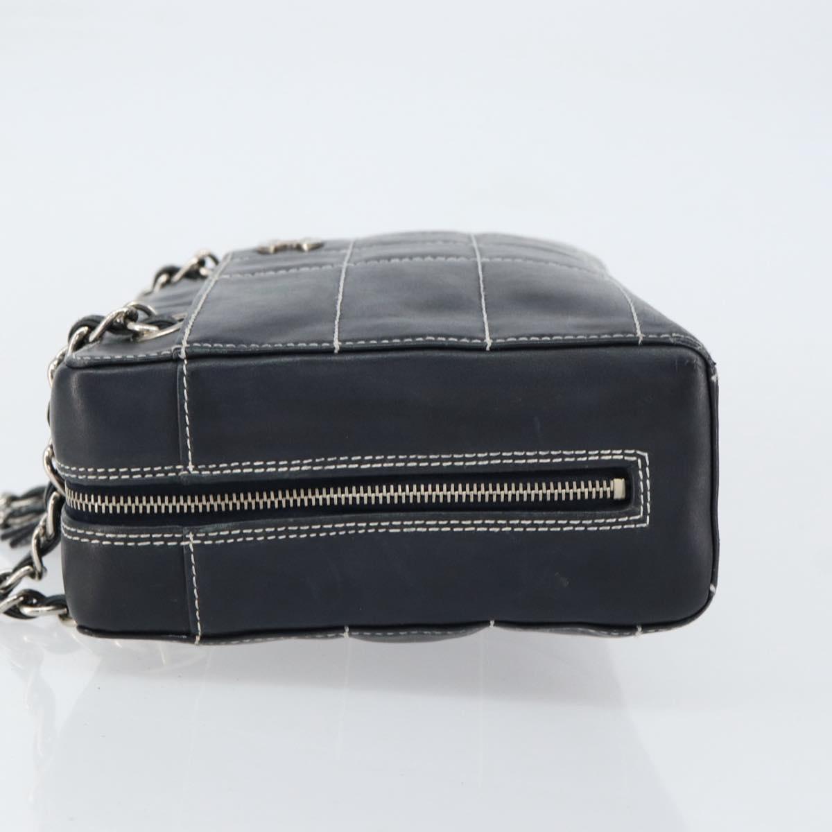 CHANEL Choco Bar Chain Shoulder Bag Leather Navy Silver CC Auth ka245