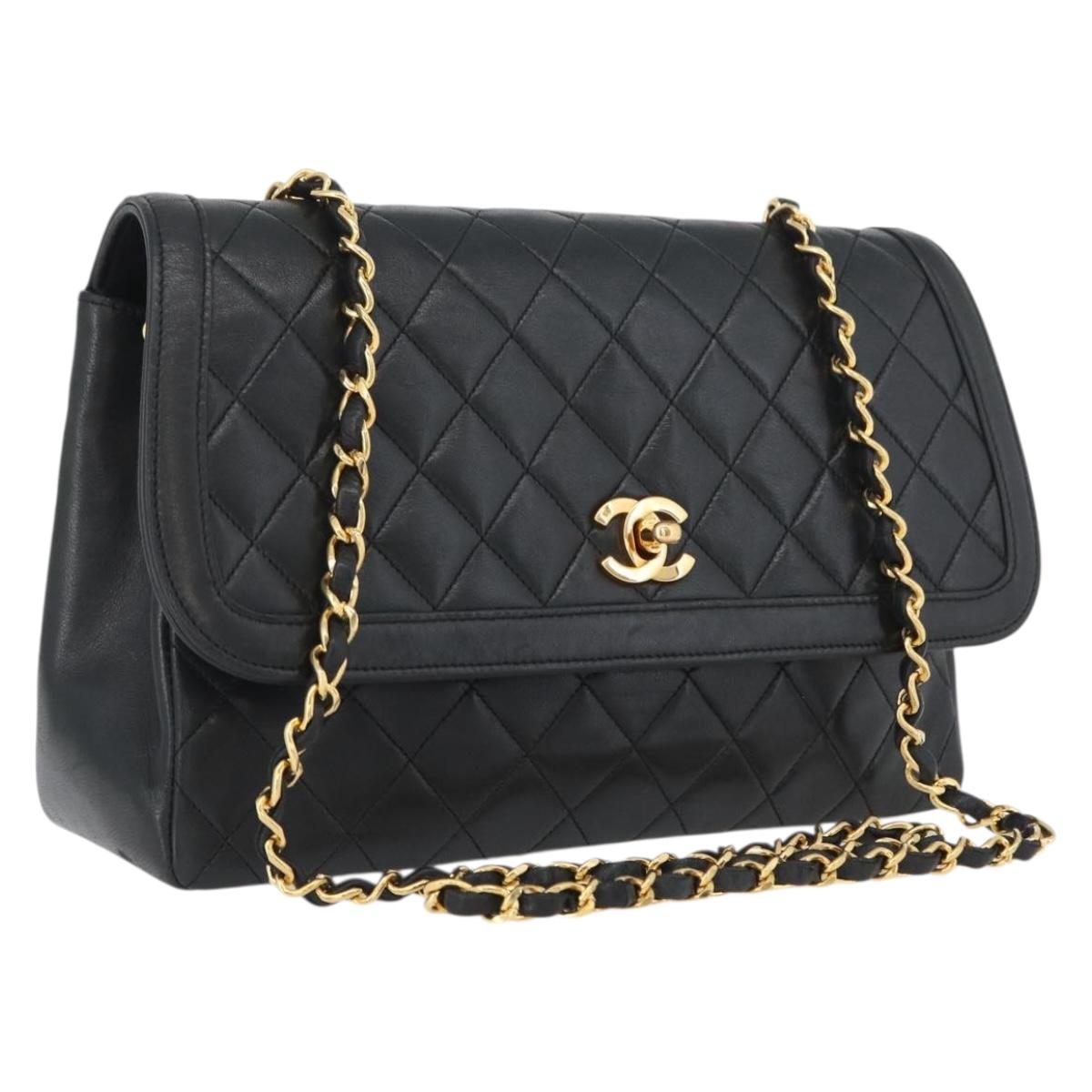 CHANEL Matelasse Chain Shoulder Bag Lamb Skin Black Gold CC Auth ka2483SAV