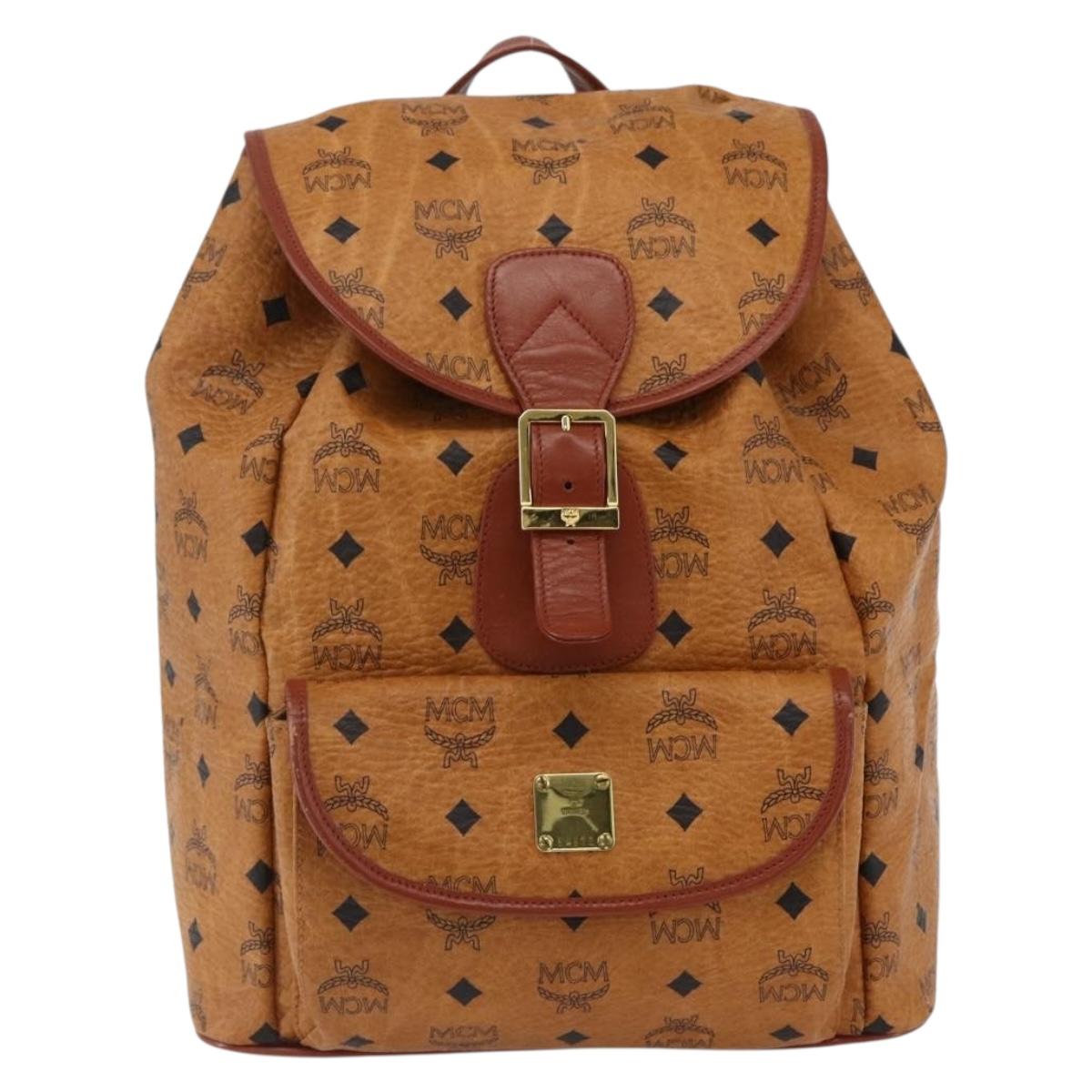 MCM Vicetos Logogram Backpack PVC Leather Brown Gold Auth ka2548