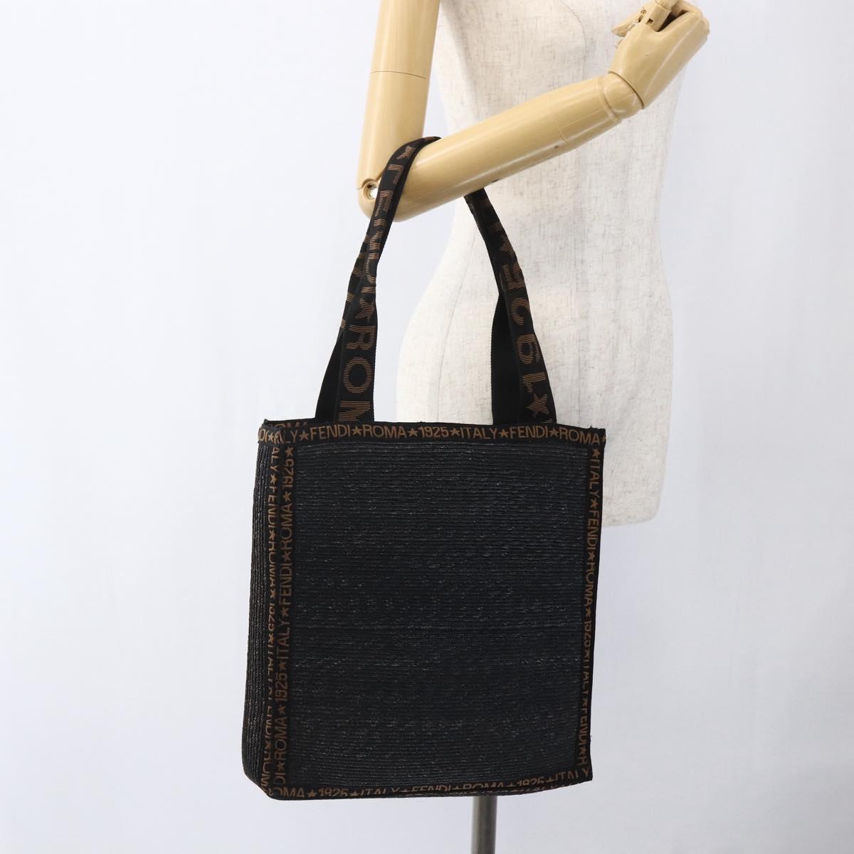 FENDI Tote Bag Raffia Black Gold Auth ka2580A