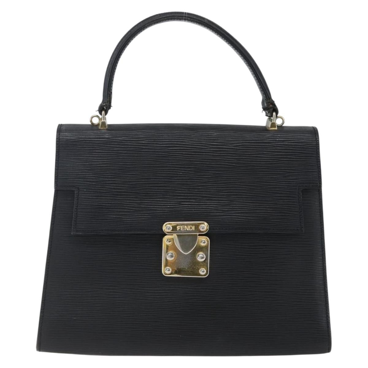 FENDI Hand Bag Leather Black Gold Auth ka2601