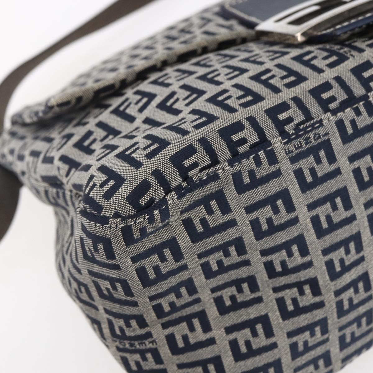 FENDI Zucchino Canvas Mamma Baguette Hand Bag Navy Silver Auth ka261