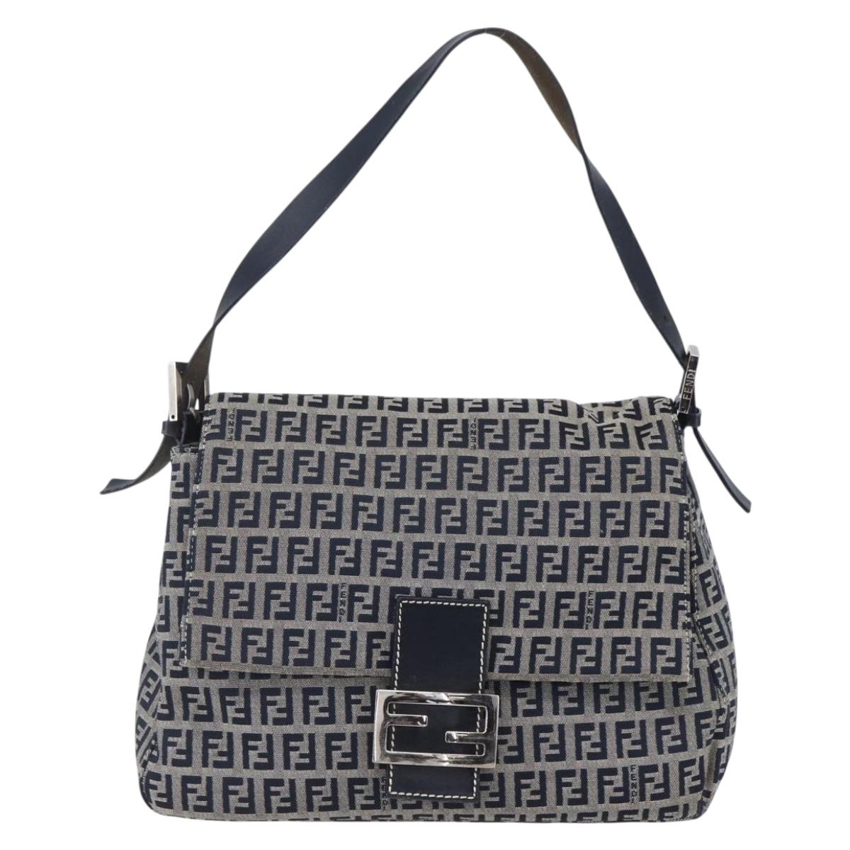 FENDI Zucchino Canvas Mamma Baguette Hand Bag Navy Silver Auth ka261