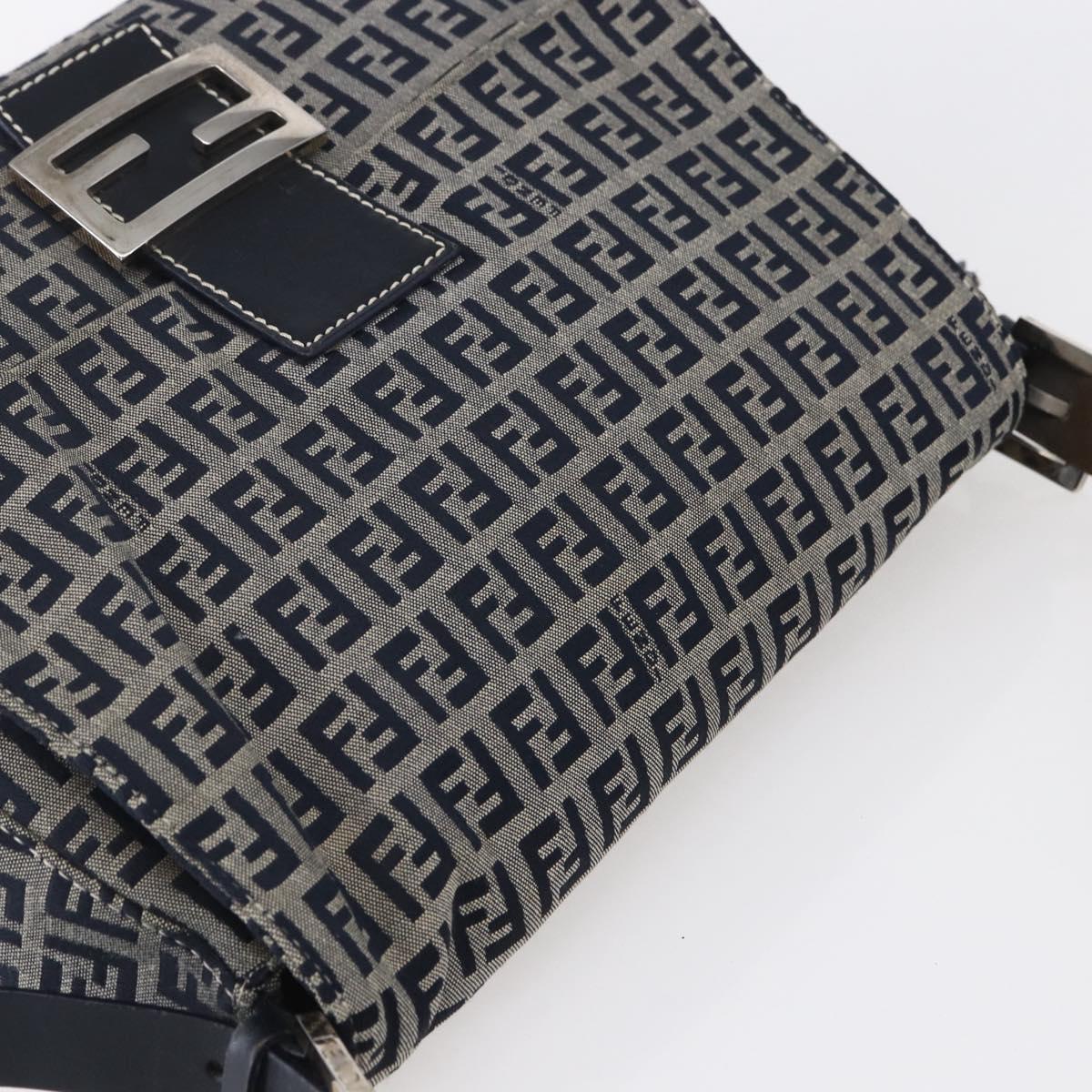 FENDI Zucchino Canvas Mamma Baguette Hand Bag Navy Silver Auth ka261