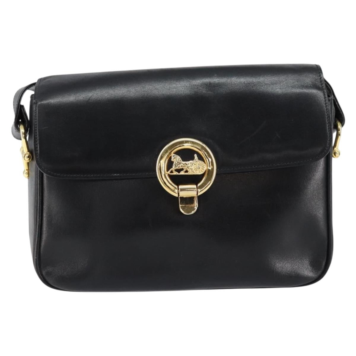 CELINE Horse Carriage Shoulder Bag Leather Black Gold Auth ka264