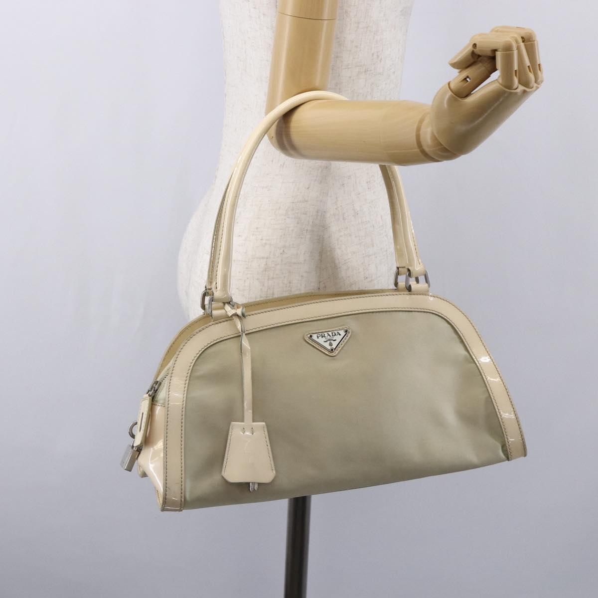 PRADA Shoulder Bag Nylon Beige Silver Auth ka270